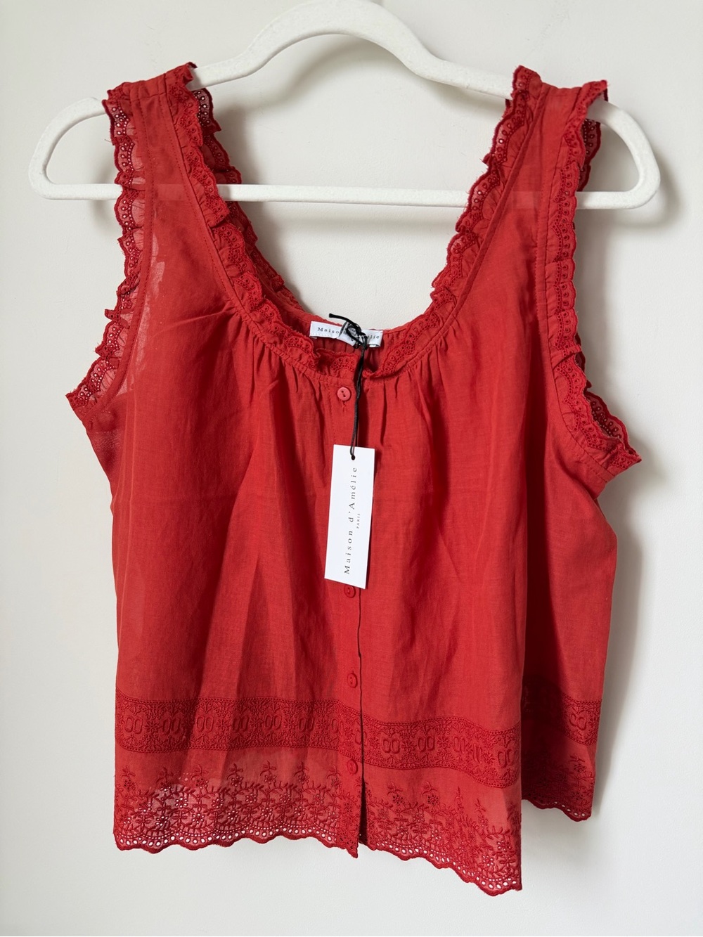 Red embroidered cotton Tank Top